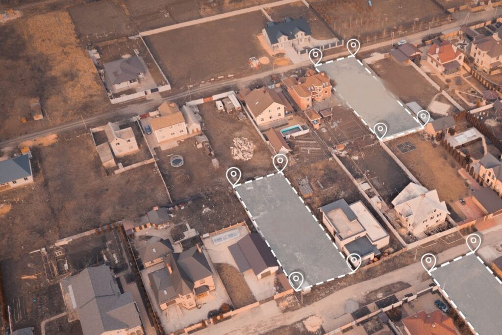 Villaområde sett uppifrån med utritade gränser.